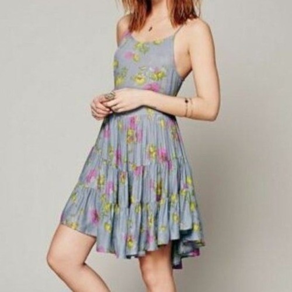 Intimately Free People Floral Mini Dress Blue Pink Yellow Lace Up Back Medium